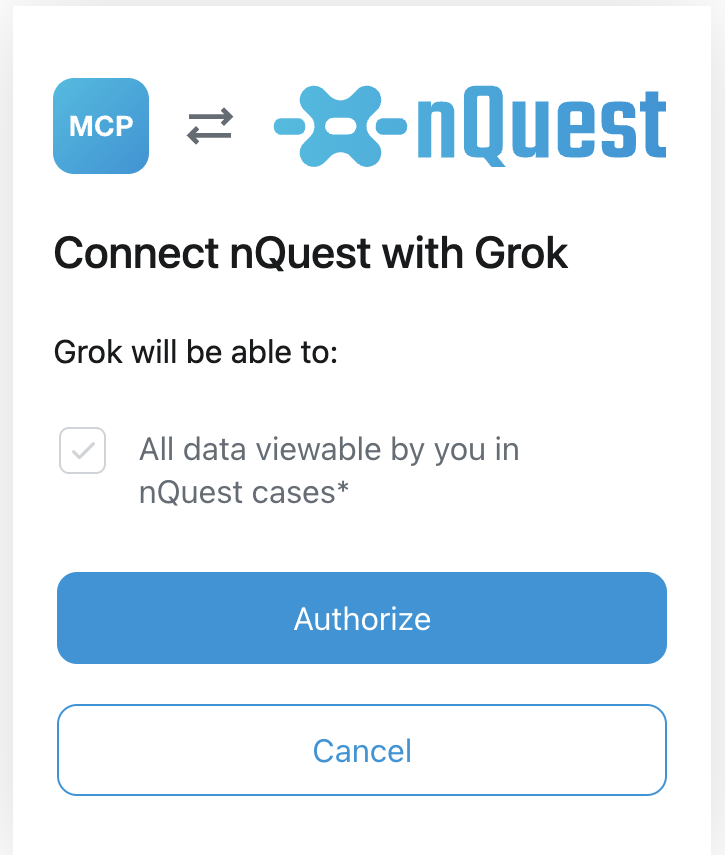 Grok için nQuest yetkilendirme istemi