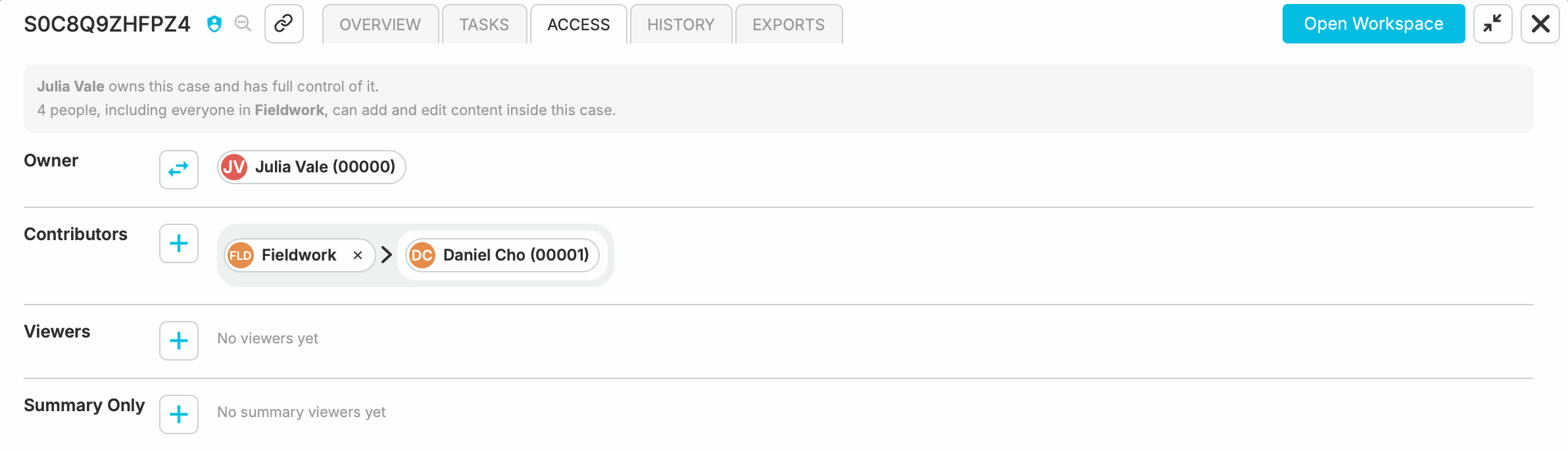 Lista de acesso mostrando Julia como proprietária, Trabalho de Campo como contribuidor, Daniel como delegado e seções separadas para visualizadores e acesso apenas ao resumo