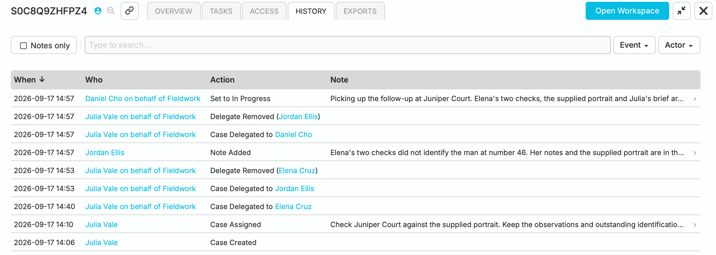 Case History showing Daniel's progress update, delegate handoffs, and notes, with event and actor filters