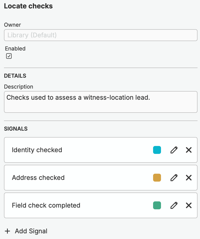 Propriedades do conjunto de sinais de verificações Localizar com Ativado, Descrição, três sinais coloridos, controles de edição e remoção e Adicionar Sinal