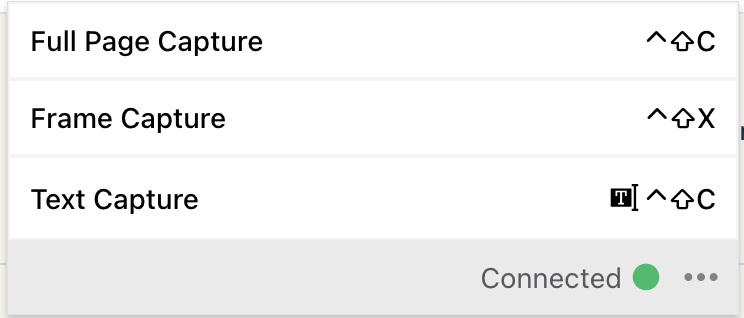 Connected browser extension with Full Page Capture, Text Capture, Frame Capture, and assigned shortcuts