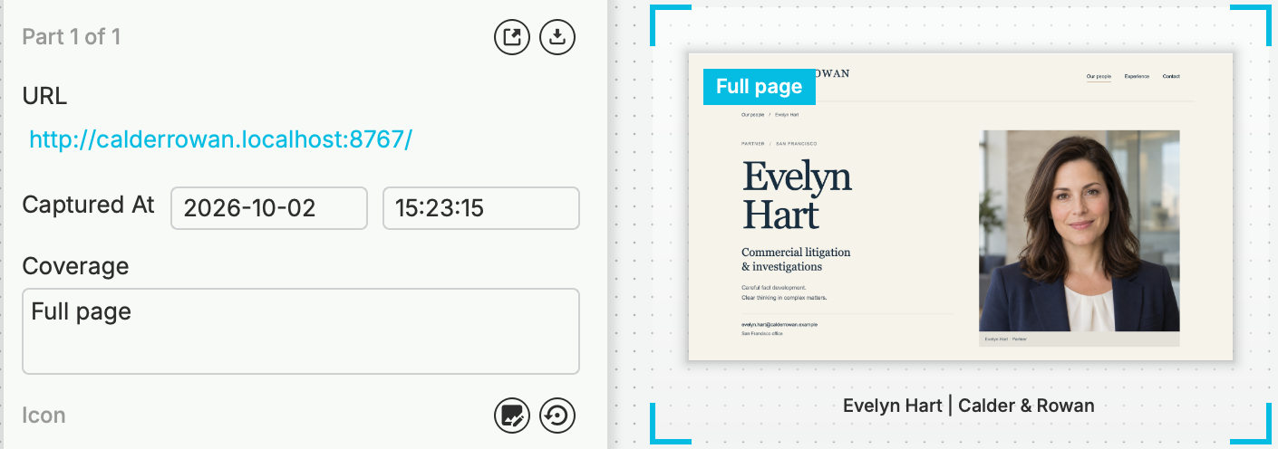 Full-page capture preview with its source URL, collection time, and coverage