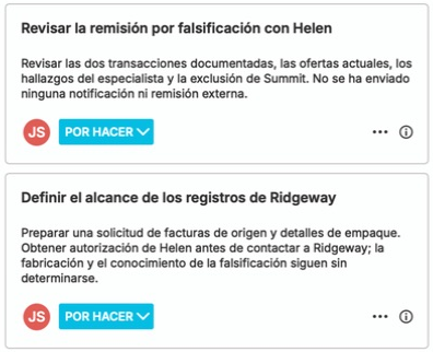 El panel de tareas de nQuest muestra dos tareas pendientes asignadas al investigador de marcas: revisar la remisión por falsificación con la responsable de experiencia del cliente de la marca y acordar el alcance de los registros upstream de Ridgeway. Cada tarea incluye su próxima acción y el estado Por Hacer.