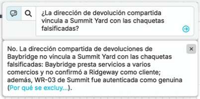 El investigador de marcas le pregunta a nQuest si la dirección de devoluciones compartida conecta a Summit Yard con las chaquetas falsificadas. La respuesta real explica que Baybridge presta servicio a varios comerciantes y que la dirección no basta para demostrar ese vínculo. Las referencias azules abren los registros de apoyo del caso.