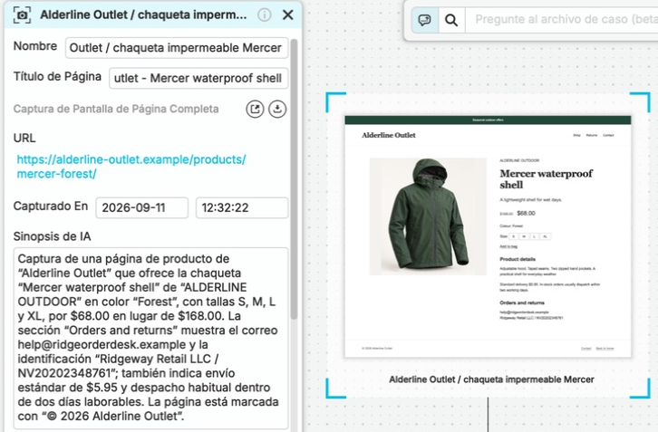 La oferta guardada de Alderline Outlet seleccionada en nQuest, con su URL de origen, hora de recopilación y sinopsis de IA abiertas junto a la publicación capturada de la chaqueta verde y sus conexiones con el caso.