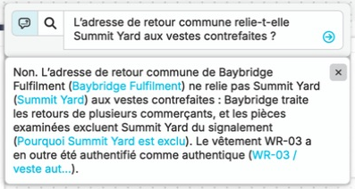 L’enquêtrice spécialisée dans les marques demande à nQuest si l’adresse de retour commune relie Summit Yard aux vestes contrefaites. La réponse explique que Baybridge sert plusieurs marchands et que l’adresse ne suffit pas à établir ce lien. Des références bleues ouvrent les documents justificatifs du dossier.