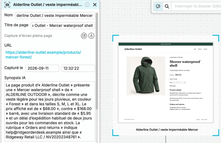 L’offre enregistrée d’Alderline Outlet sélectionnée dans nQuest, avec son URL source, son heure de collecte et son synopsis IA ouverts à côté de l’annonce capturée de la veste verte et de ses connexions dans le dossier.