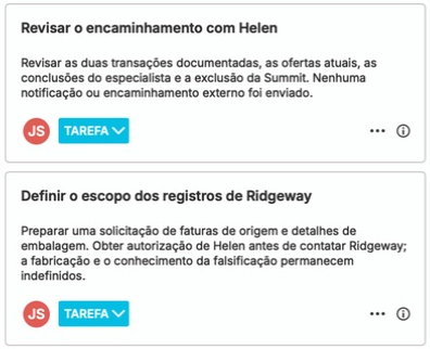 O painel de tarefas real do nQuest mostra duas tarefas pendentes atribuídas à investigadora de marcas: revisar o encaminhamento por falsificação com a líder de experiência do cliente da marca e definir o escopo dos registros de Ridgeway junto ao fornecedor. Cada tarefa inclui sua próxima ação e o status Tarefa.