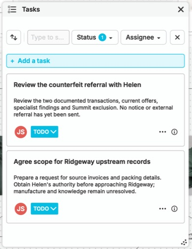 The actual nQuest task panel shows two pending tasks assigned to the brand investigator: review the counterfeit referral with the brand’s customer-experience lead, and agree the scope for Ridgeway’s upstream records. Each task includes its next action and a Todo status.