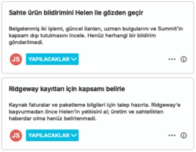 Marka araştırmacısına atanmış iki bekleyen görevi gösteren gerçek nQuest görev paneli: sahte ürün sevkini markanın müşteri deneyimi sorumlusuyla incelemek ve Ridgeway'in tedarik zincirinin üst kademelerindeki kayıtlar için kapsam üzerinde anlaşmak. Her görev, sonraki işlemi ve Yapılacaklar durumunu içerir.