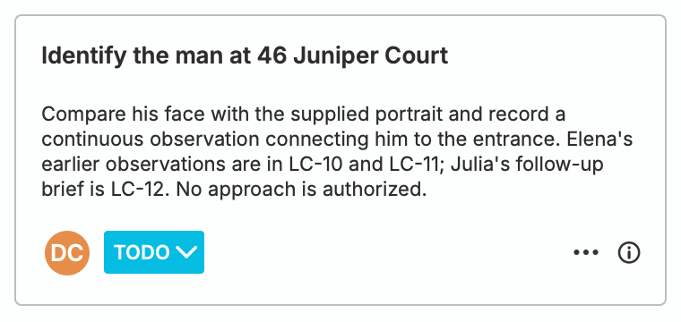 A Todo task assigned to Daniel Cho asks him to identify the man at 46 Juniper Court using the supplied portrait. The full instruction refers to Elena’s earlier observations and Julia’s follow-up brief, with no approach authorized.