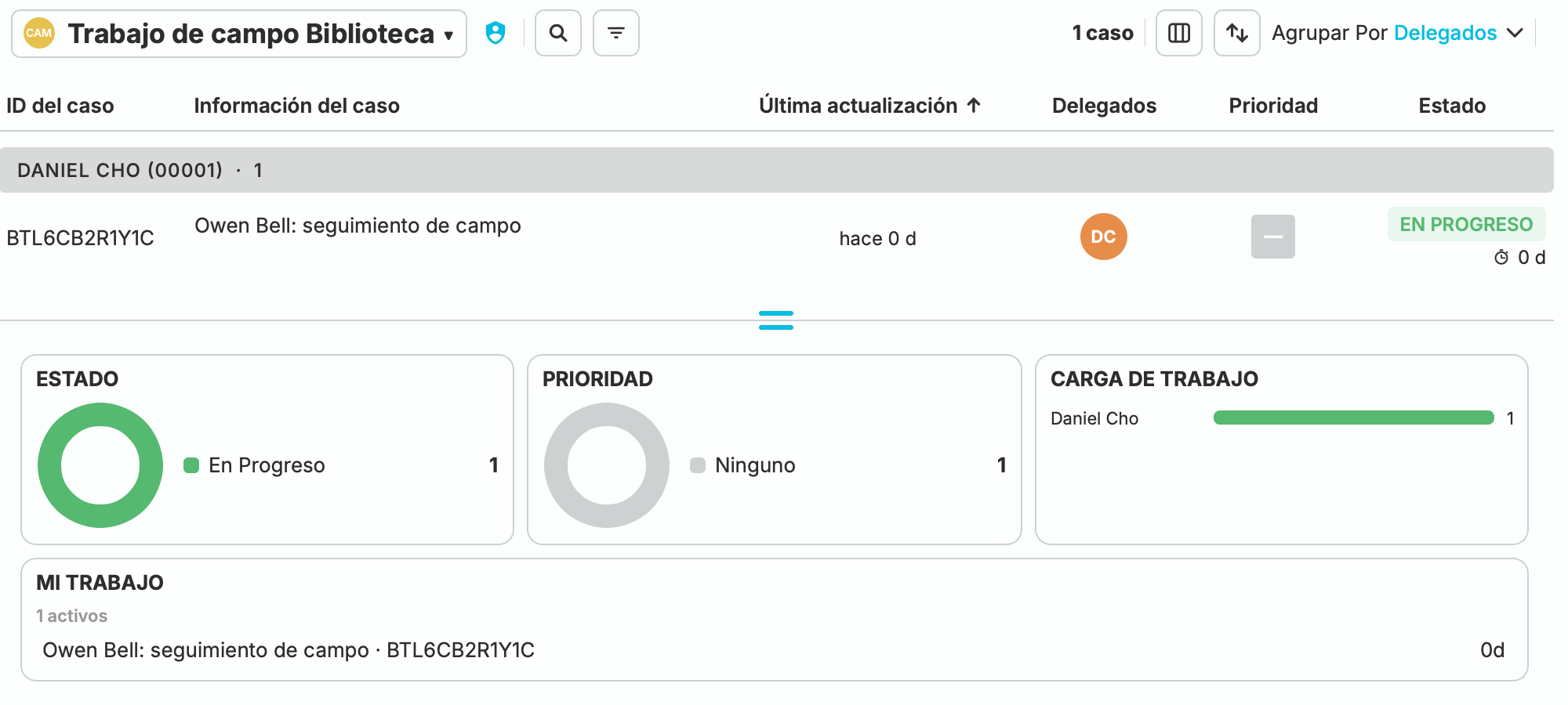La Biblioteca de trabajo de campo de Cedar & Vale agrupa el caso de seguimiento de Owen Bell bajo el delegado Daniel Cho. El caso está En Progreso, y los resúmenes de estado y carga de trabajo muestran la contribución activa de Daniel.