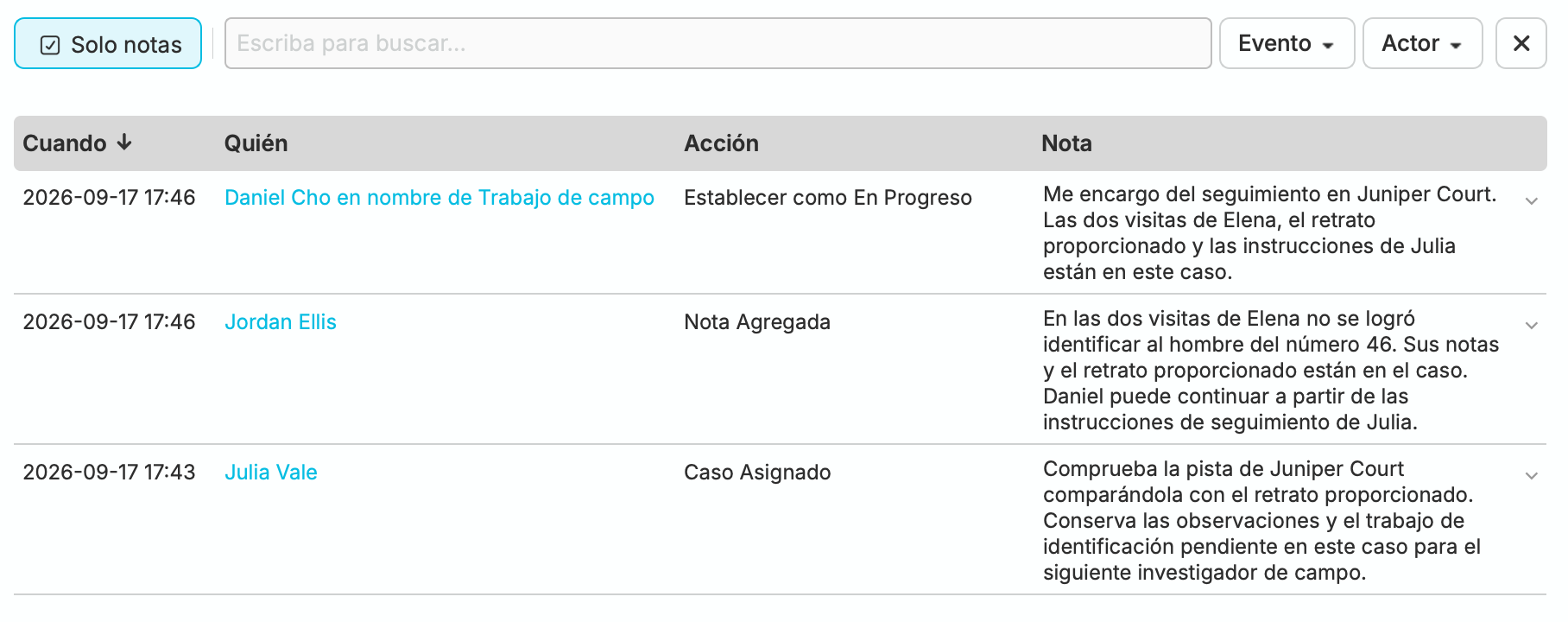 El historial del caso conserva la asignación de Julia, la nota de entrega de Jordan y la toma del caso por Daniel en nombre de Fieldwork. Las tres notas están expandidas y la acción de Daniel aparece registrada como Establecer como En Progreso.