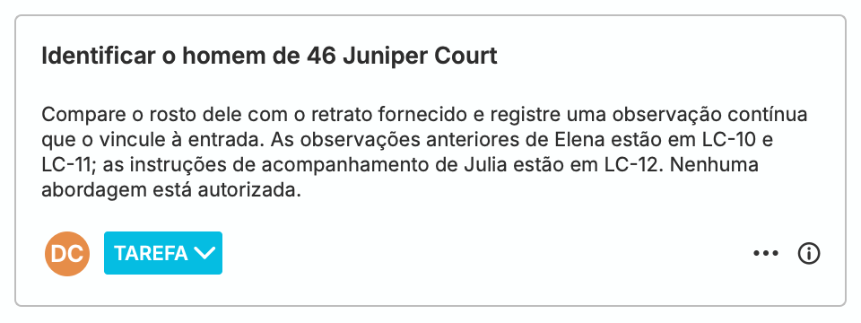 Uma tarefa com status Tarefa atribuída a Daniel Cho pede que ele identifique o homem no número 46 da Juniper Court usando o retrato fornecido. A instrução completa faz referência às observações anteriores de Elena e ao briefing de acompanhamento de Julia, sem autorização para abordagem.