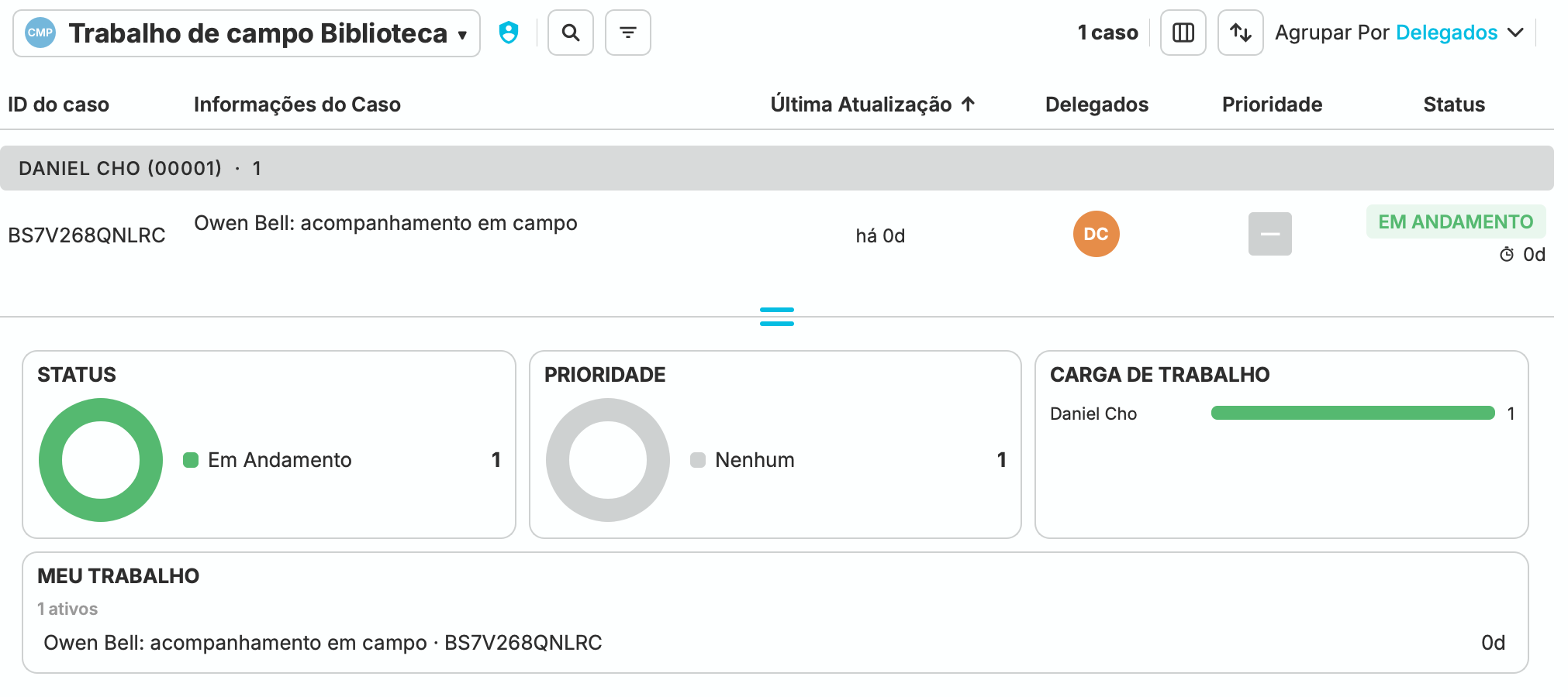 A Biblioteca de Trabalho de Campo da Cedar & Vale agrupa o caso de acompanhamento de Owen Bell sob o delegado Daniel Cho. O caso está Em Andamento, e os resumos de status e carga de trabalho mostram a contribuição ativa de Daniel.