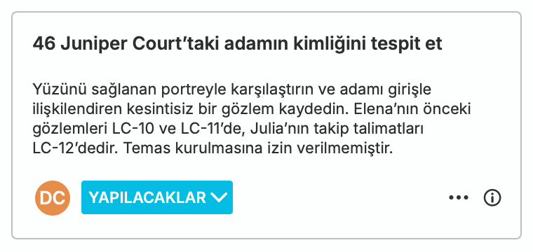Daniel Cho'ya atanmış bir Yapılacaklar görevi, kendisinden sağlanan portreyi kullanarak 46 Juniper Court'taki adamı tespit etmesini ister. Eksiksiz talimat, Elena'nın önceki gözlemlerine ve Julia'nın takip brifine atıfta bulunur; herhangi bir iletişim kurulması için yetki verilmemiştir.
