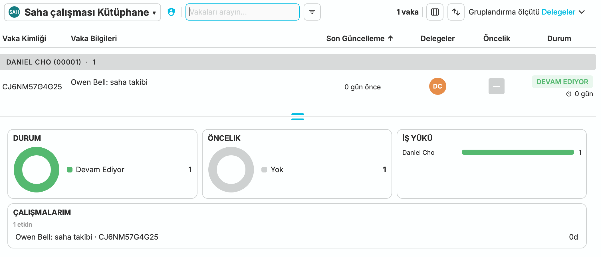 Cedar & Vale'ın Saha Çalışması Kütüphanesi, Owen Bell takip vakasını Daniel Cho'ya devredilen vakalar altında gruplandırır. Vaka Devam Ediyor durumundadır; durum ve iş yükü özetleri Daniel'ın etkin katkısını gösterir.