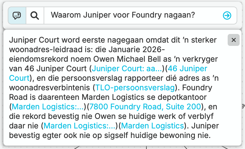 Julia vra waarom Juniper Court vóór Foundry Road nagegaan behoort te word. nQuest se volledige antwoord identifiseer die residensiële leidraad, onderskei Marden se depot en skakel na die ondersteunende rekords.