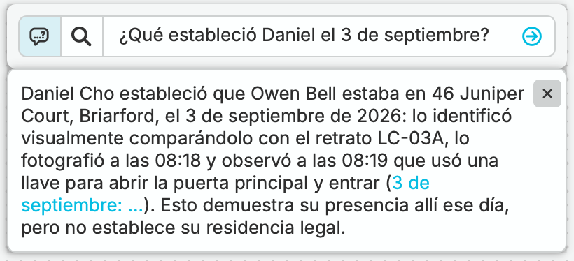 Julia pregunta qué estableció Daniel el 3 de septiembre. nQuest describe la identificación, la fotografía y el uso observado de una llave y la entrada, con referencias a los registros del caso.