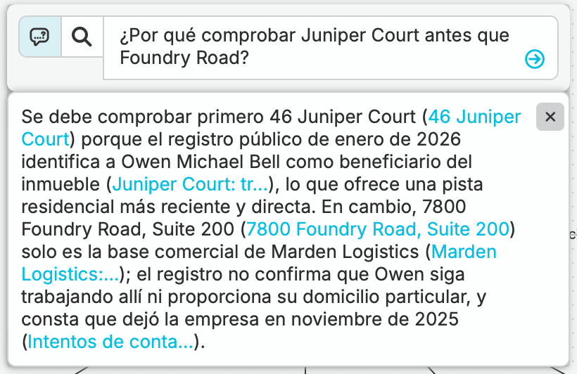 Julia pregunta por qué se debe comprobar Juniper Court antes que Foundry Road. La respuesta completa de nQuest identifica la pista residencial, distingue el depósito de Marden y enlaza con los registros de apoyo.