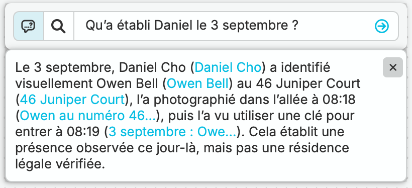 Julia demande ce que Daniel a établi le 3 septembre. nQuest décrit l’identification, la photographie, ainsi que l’utilisation observée d’une clé et l’entrée, avec des références vers les documents du dossier.
