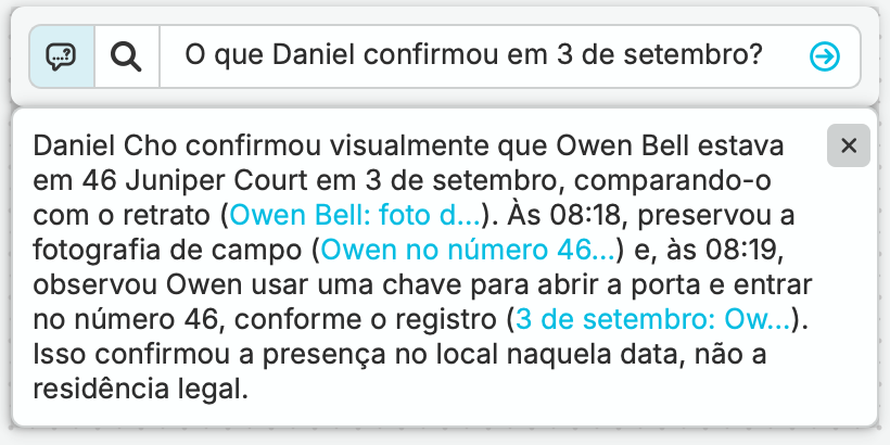 Julia pergunta o que Daniel comprovou em 3 de setembro. O nQuest descreve a identificação, a fotografia e o uso observado da chave e a entrada, com referências aos registros do caso.