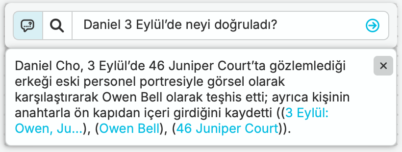 Julia, Daniel'in 3 Eylül'de neleri ortaya koyduğunu sorar. nQuest, vaka kayıtlarına referanslarla birlikte tespiti, fotoğrafı ve anahtar kullanarak içeri girdiğine ilişkin gözlemi açıklar.
