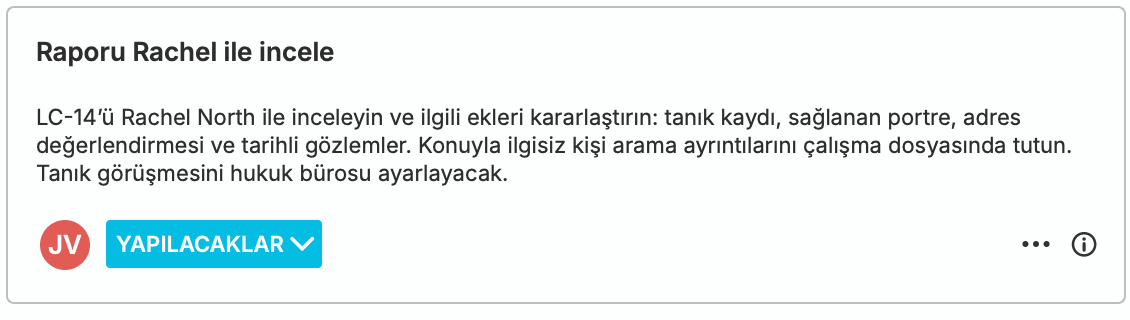 Julia'ya atanmış yerleşik nQuest Yapılacaklar görevi: yer tespiti raporunu Rachel'la inceleyin, destekleyici ekler üzerinde anlaşın ve ilgisiz arama ayrıntılarını çalışma dosyasında tutun.