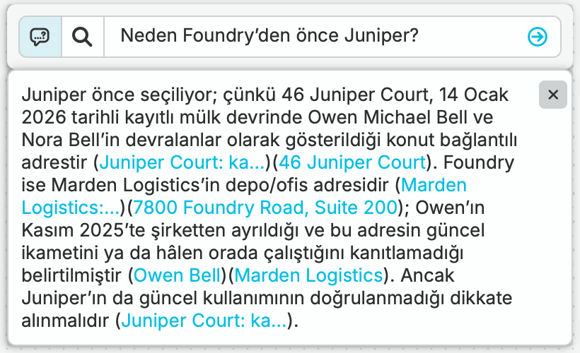 Julia, Juniper Court'un Foundry Road'dan önce denetlenmesi gerektiğini sorar. nQuest'in eksiksiz yanıtı, konut ipucunu belirler, Marden'in deposunu ayırt eder ve destekleyici kayıtlara bağlantı verir.