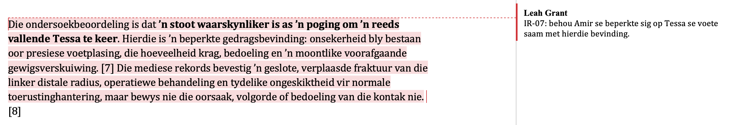 Die uitgevoerde Westbridge-beoordeling in Microsoft Word, met ’n bronverwysing en Leah se kommentaar om Amir se beperkte sig op Tessa se voete saam met die bevinding te behou.