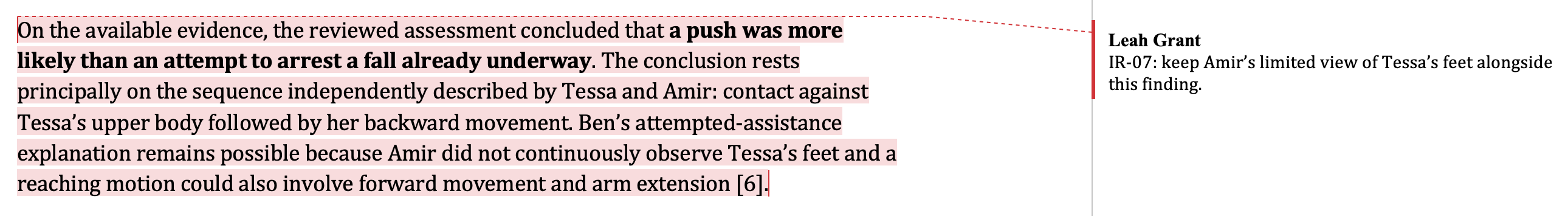 The exported Westbridge assessment open in Microsoft Word, with a source citation and Leah’s comment to keep Amir’s limited view of Tessa’s feet alongside the finding.