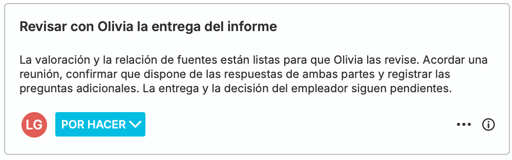 Una tarjeta nativa de nQuest con estado Por Hacer, asignada a Leah: revisar la entrega del reporte con Olivia, confirmar que tiene las respuestas de ambas partes y registrar las preguntas adicionales.