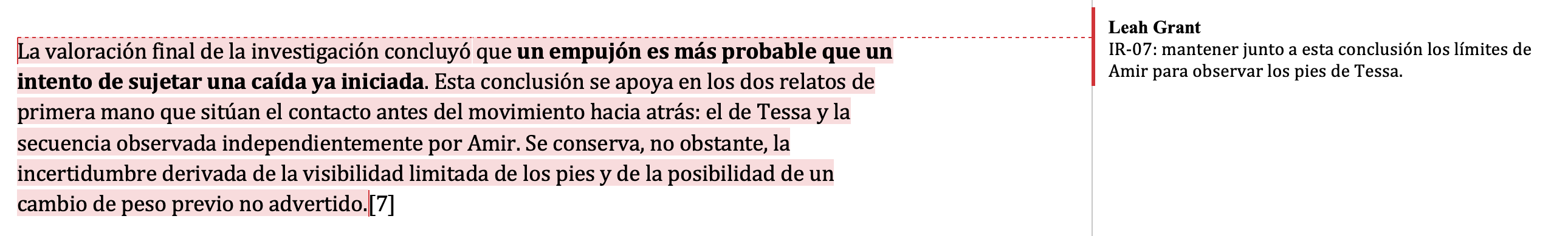 La evaluación de Westbridge exportada y abierta en Microsoft Word, con una cita de la fuente y el comentario de Leah para mantener junto a la conclusión la limitación de Amir para ver los pies de Tessa.
