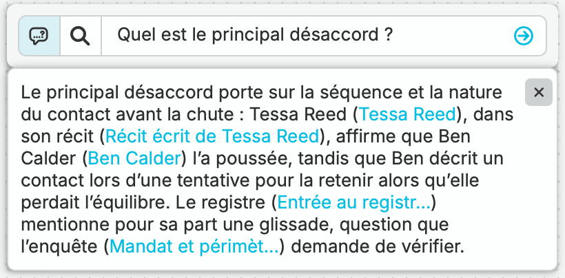Leah demande à nQuest sur quels points les récits divergent. La réponse compare l’affirmation de Tessa selon laquelle elle a été poussée au récit de Ben, qui dit avoir tenté de l’aider, avec des références aux pièces du dossier.