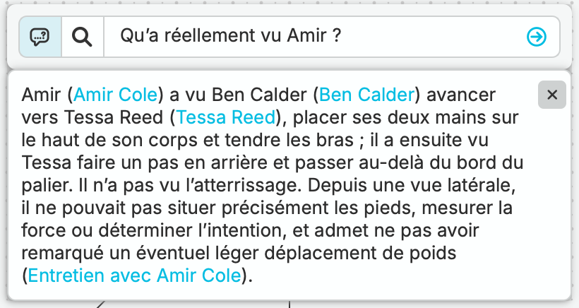 Leah demande : « Qu’a réellement vu Amir ? » nQuest décrit le contact et l’extension des bras avant le mouvement de recul de Tessa, tout en indiquant les limites du champ de vision d’Amir.