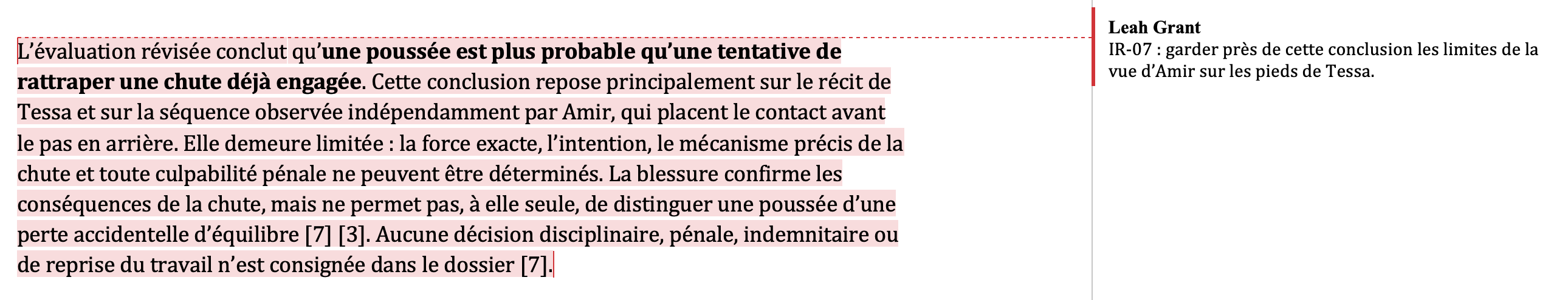 L’évaluation Westbridge exportée et ouverte dans Microsoft Word, avec une référence à la source et le commentaire de Leah demandant de conserver, à côté de la conclusion, la réserve sur la visibilité des pieds de Tessa pour Amir.