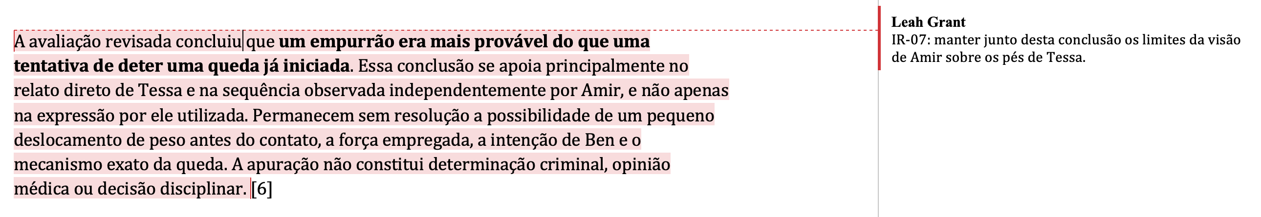 A avaliação de Westbridge exportada e aberta no Microsoft Word, com uma citação da fonte e o comentário de Leah para manter junto à conclusão a limitação da visão de Amir sobre os pés de Tessa.