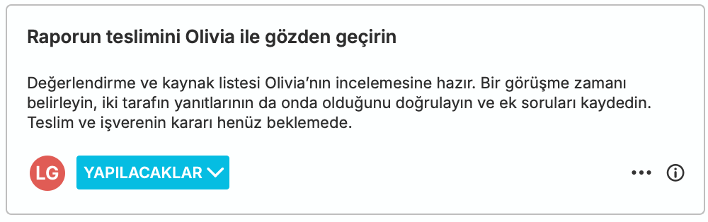 Leah'a atanmış bir nQuest Yapılacaklar kartı: rapor devrini Olivia ile inceleyin, her iki tarafın yanıtlarının elinde olduğunu doğrulayın ve ek soruları kaydedin.