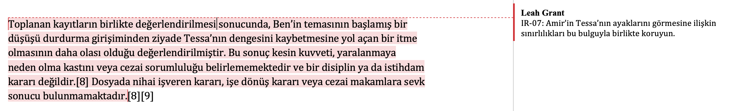 Microsoft Word’de açık olan dışa aktarılmış Westbridge değerlendirmesi, bir kaynak referansı ve Amir’in Tessa’nın ayaklarını görme sınırlılığını bulgunun yanında tutmaya yönelik Leah’nın yorumuyla birlikte.