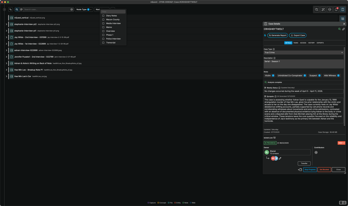 AI-generated case synopsis showing an adaptive summary of investigation findings