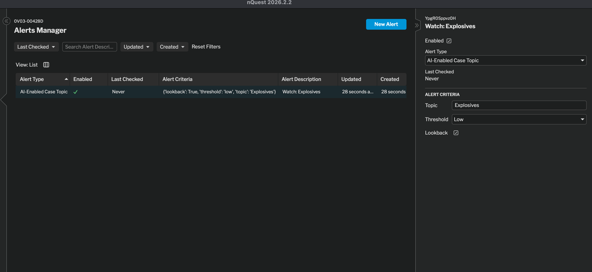 Screenshot of the nQuest platform showing watchlist alerts