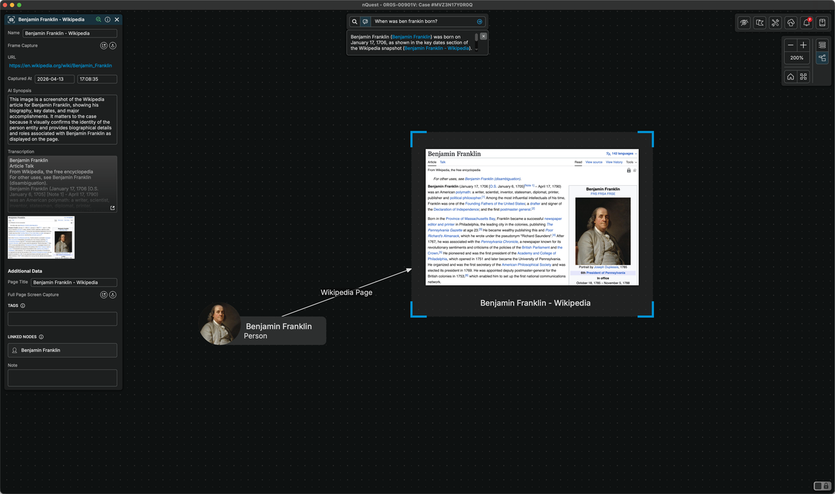 Document analysis view showing extracted text, key findings, and connections to case