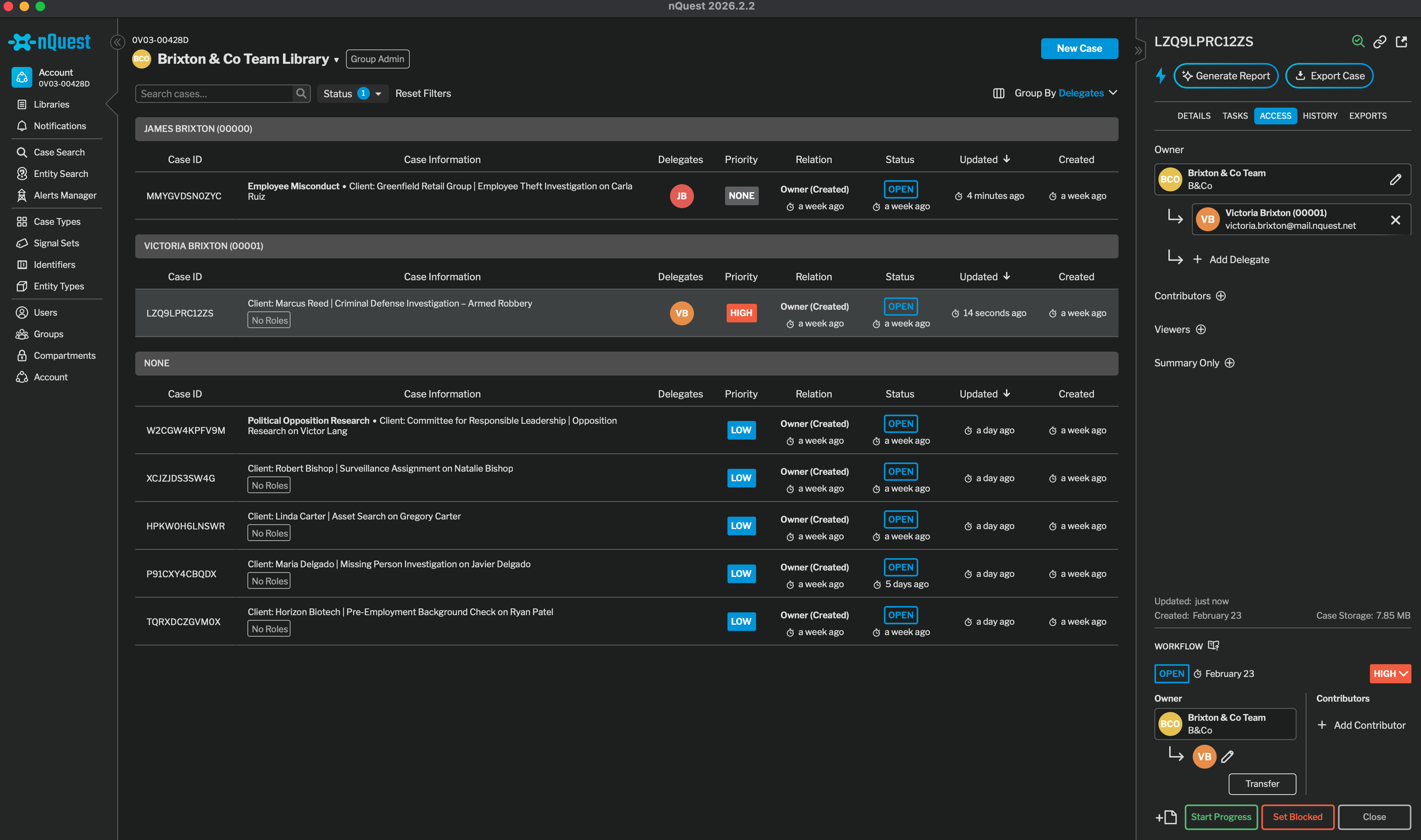 Skermskoot van die nQuest-platform wat 'n dashboard met sake en toegepaste filters wys