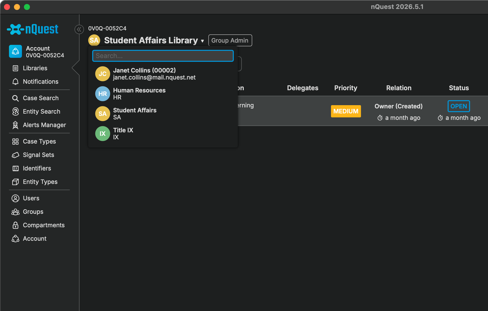 Case library showing investigations from multiple campus departments with different case structures