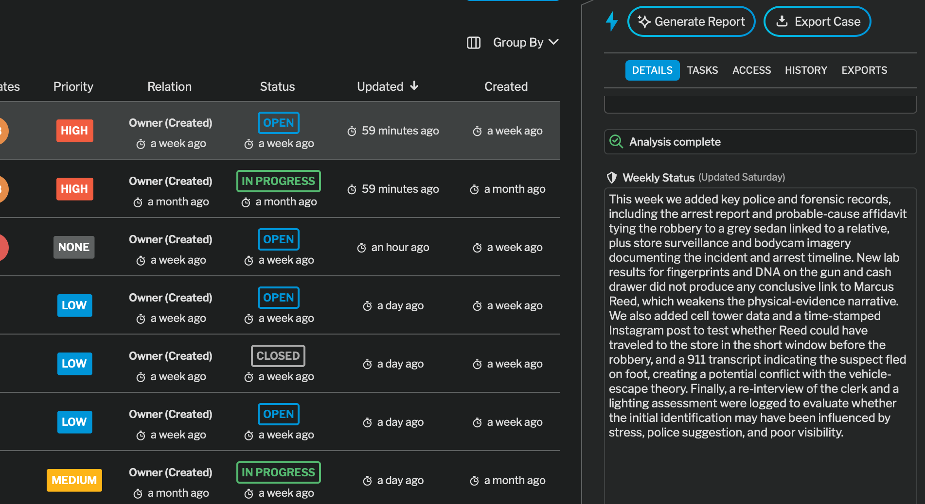 Capture d'écran de la plateforme nQuest présentant des mises à jour automatiques du statut