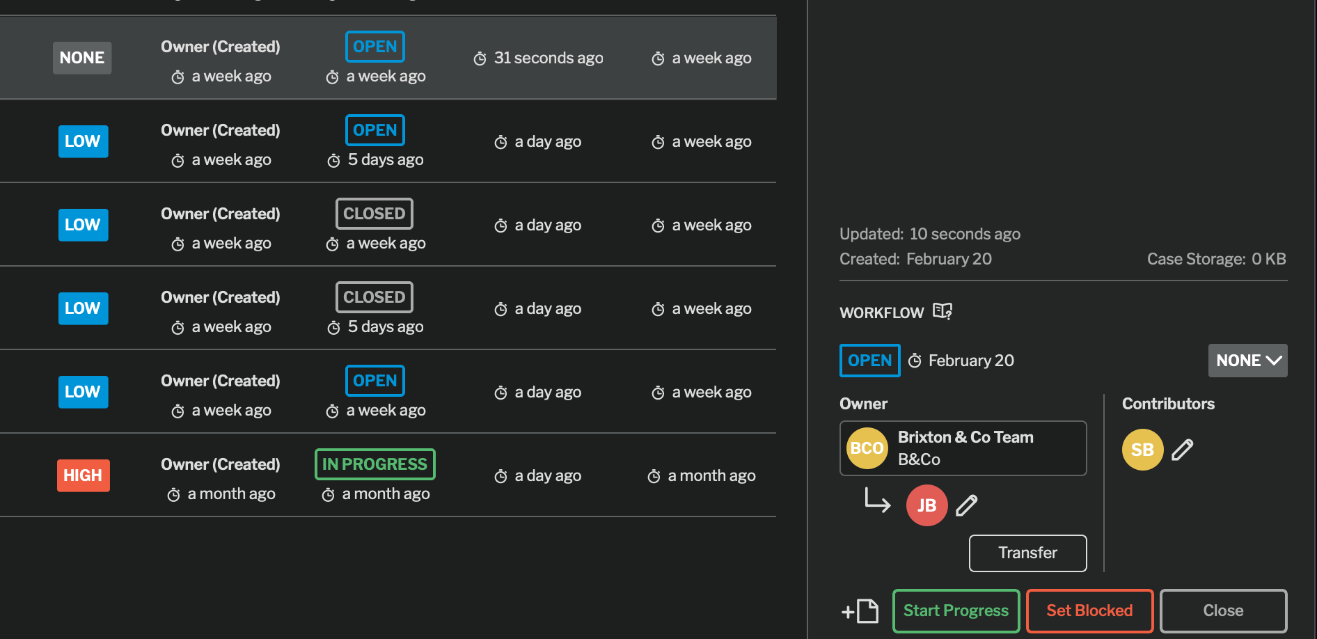 Widget de workflow présentant le propriétaire du dossier, les contributeurs et les options de transfert