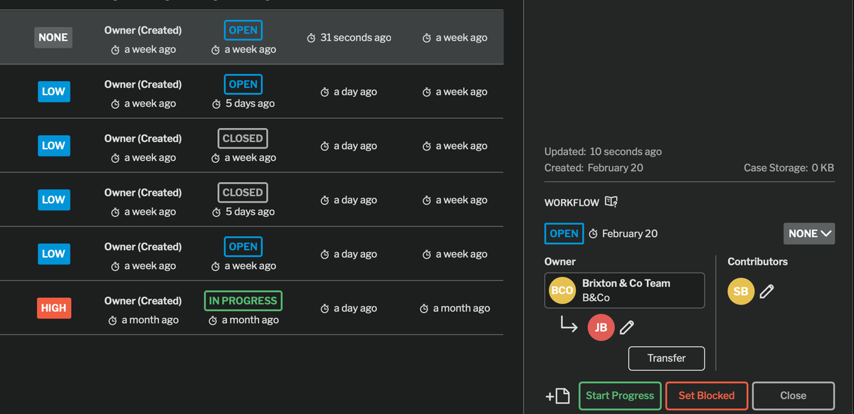 Workflow widget showing case owner, contributors, and transfer options