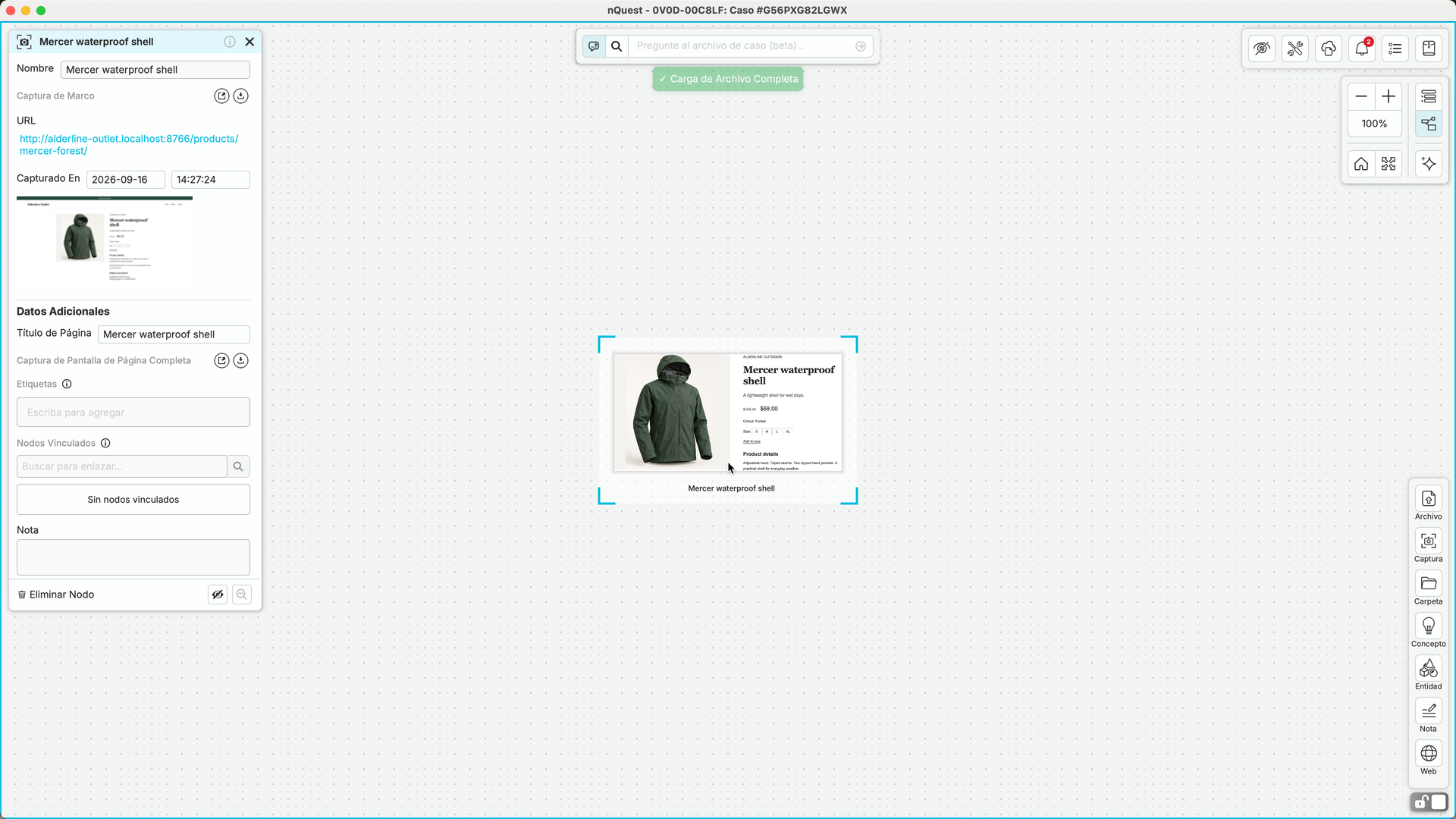 El marco de la carcasa impermeable Mercer como único nodo en un gráfico de nQuest por lo demás vacío, con la imagen capturada seleccionada, su URL de origen y hora de recopilación abiertas, y la confirmación de carga de archivo visible.