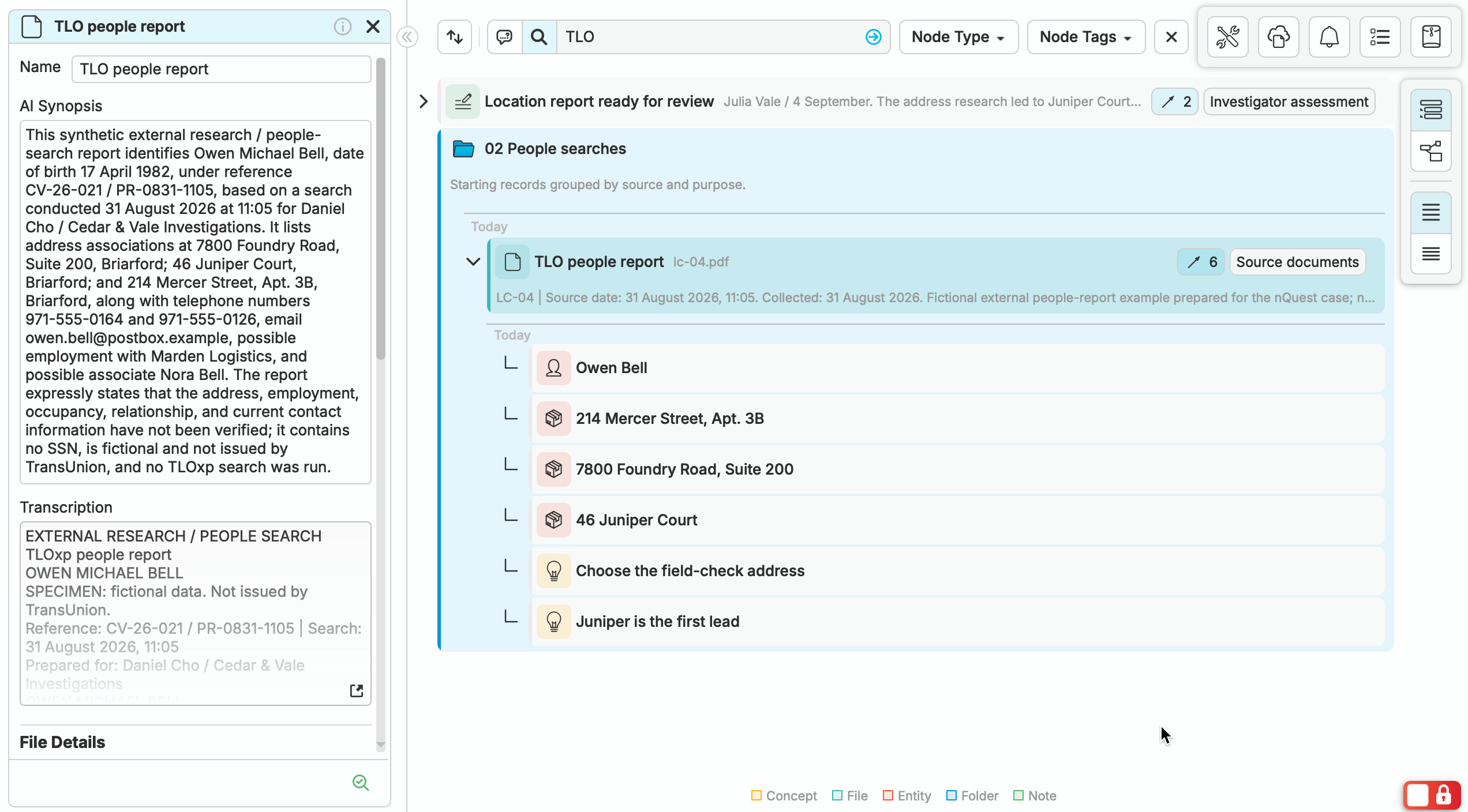 The TLO people report in nQuest List View, with its source synopsis beside the linked witness, address records and research notes.