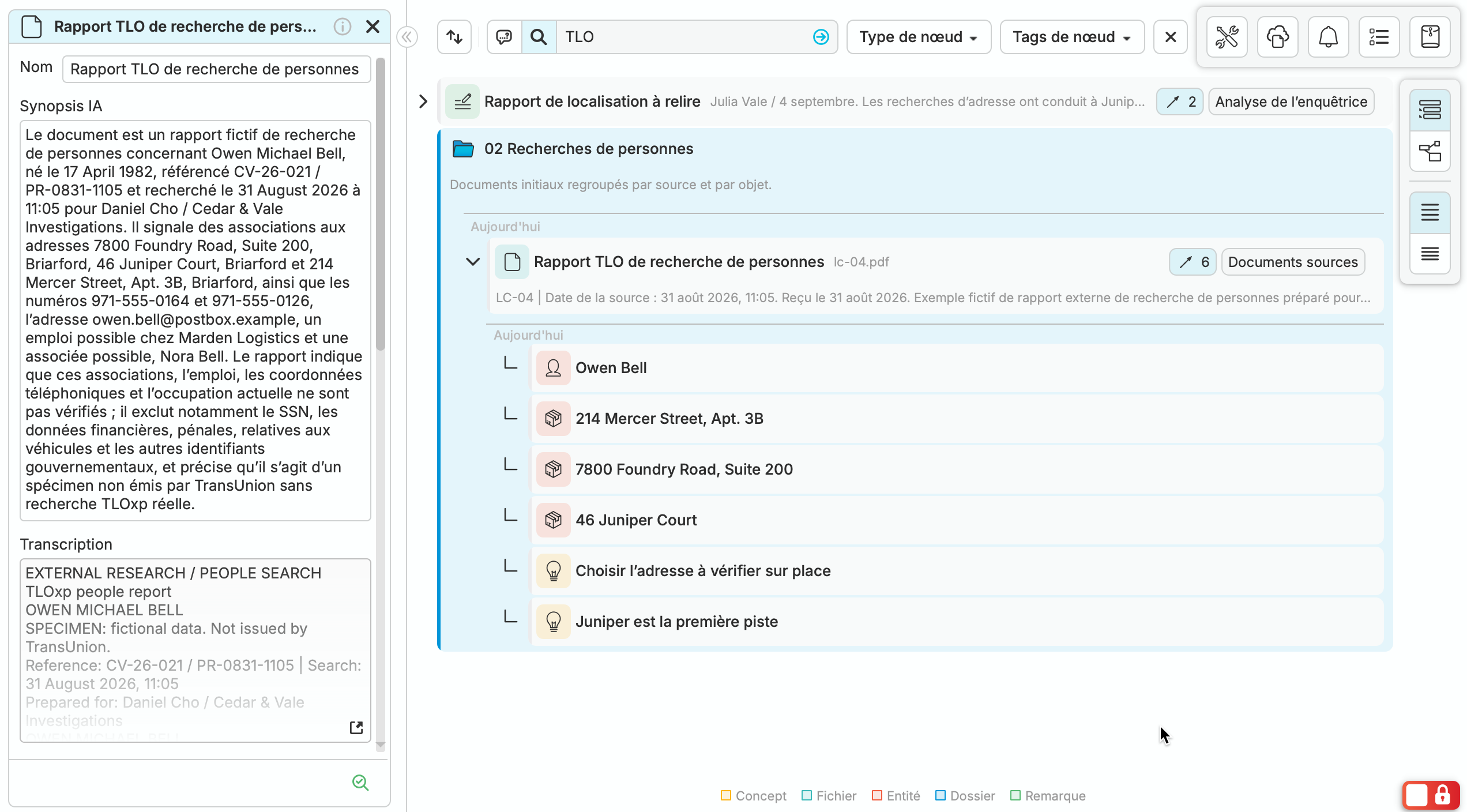 Le rapport de recherche de personnes de TLO dans l’affichage Liste de nQuest, avec son synopsis source à côté du témoin lié, des documents d’adresse et des remarques de recherche.